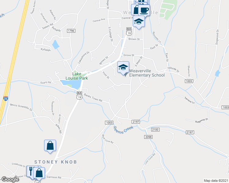map of restaurants, bars, coffee shops, grocery stores, and more near 107 Elk Lane in Weaverville