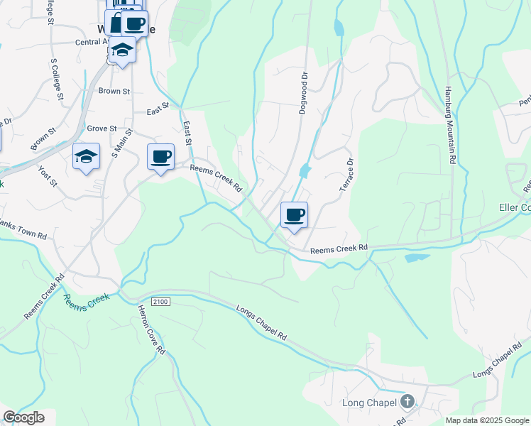 map of restaurants, bars, coffee shops, grocery stores, and more near 6 Partridge Berry Lane in Weaverville