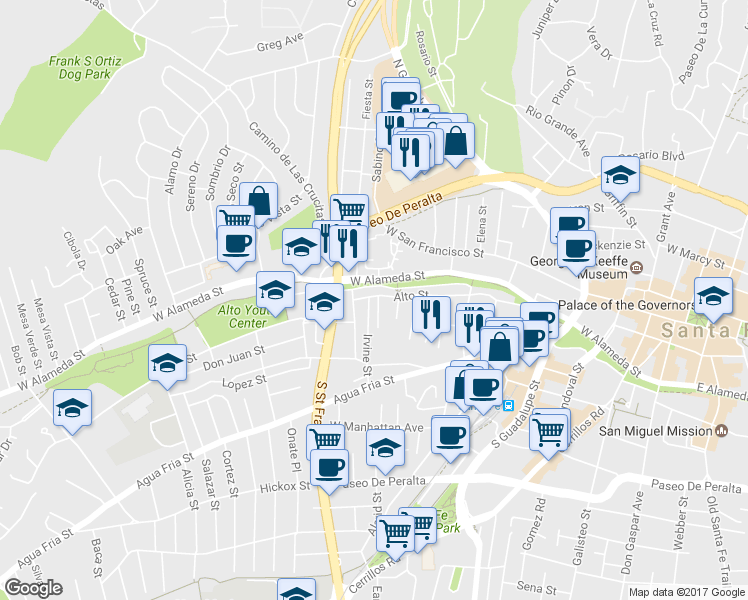 map of restaurants, bars, coffee shops, grocery stores, and more near 201 Irvine St in Santa Fe