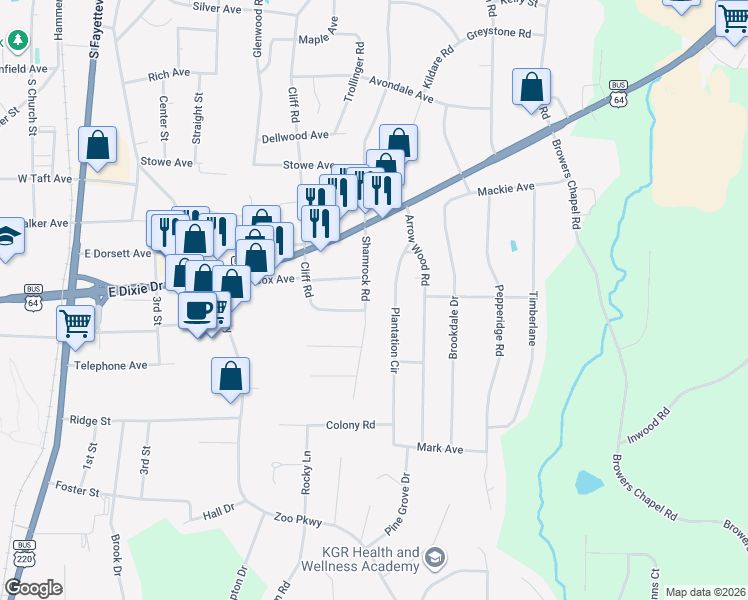 map of restaurants, bars, coffee shops, grocery stores, and more near 1419 Shamrock Road in Asheboro