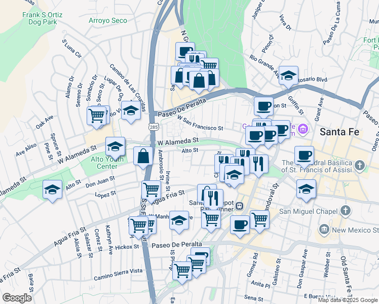 map of restaurants, bars, coffee shops, grocery stores, and more near 204 Maynard Street in Santa Fe