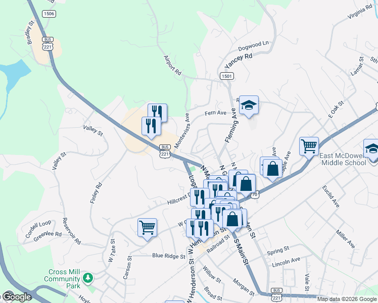 map of restaurants, bars, coffee shops, grocery stores, and more near 56 Hillside Drive in Marion