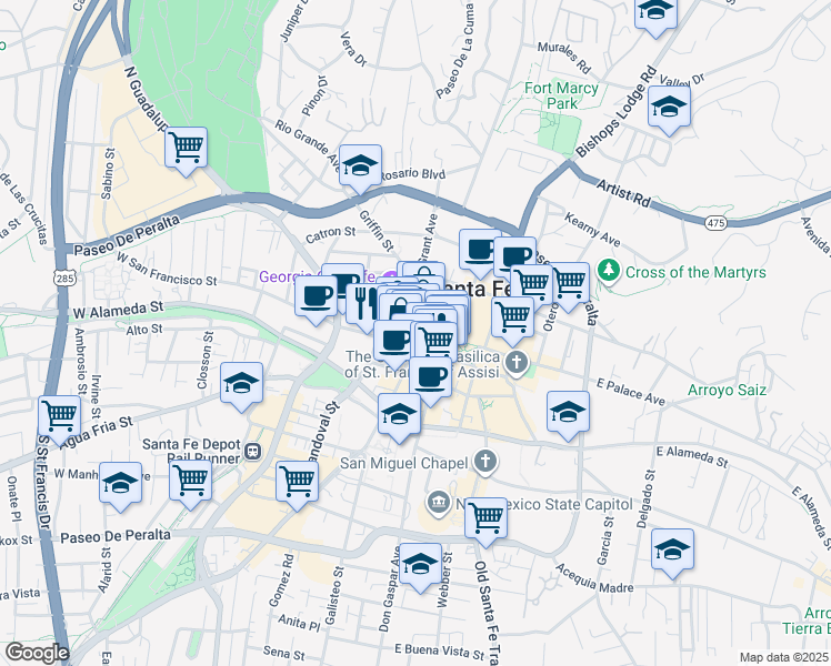 map of restaurants, bars, coffee shops, grocery stores, and more near 31 Burro Alley in Santa Fe