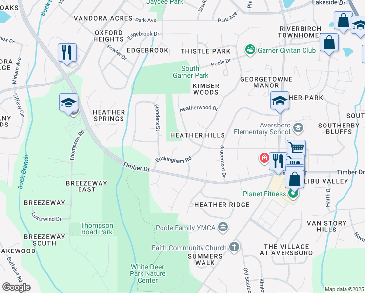 map of restaurants, bars, coffee shops, grocery stores, and more near 106 Queensbury Ct in Garner