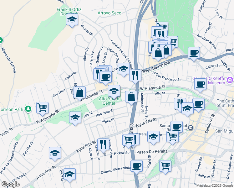 map of restaurants, bars, coffee shops, grocery stores, and more near 927D Alto Street in Santa Fe