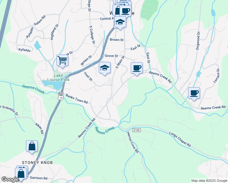 map of restaurants, bars, coffee shops, grocery stores, and more near 158 South Main Street in Weaverville