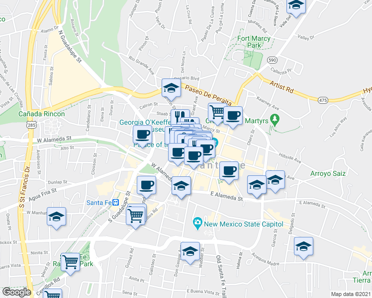 map of restaurants, bars, coffee shops, grocery stores, and more near 142 West Palace Avenue in Santa Fe