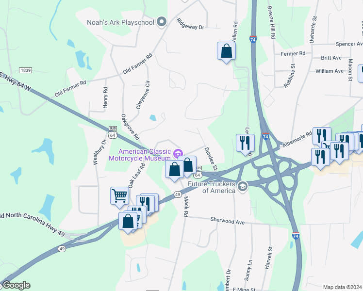 map of restaurants, bars, coffee shops, grocery stores, and more near 854 Fisher Circle in Asheboro