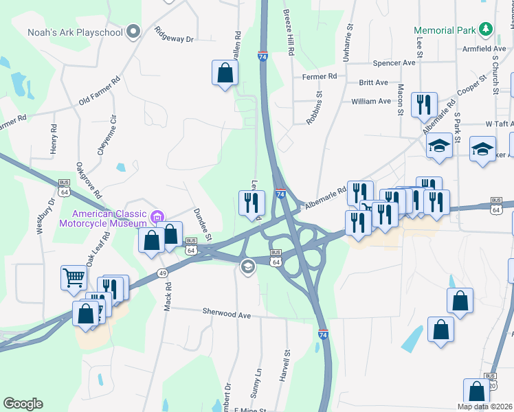 map of restaurants, bars, coffee shops, grocery stores, and more near 135 Lewallen Road in Asheboro