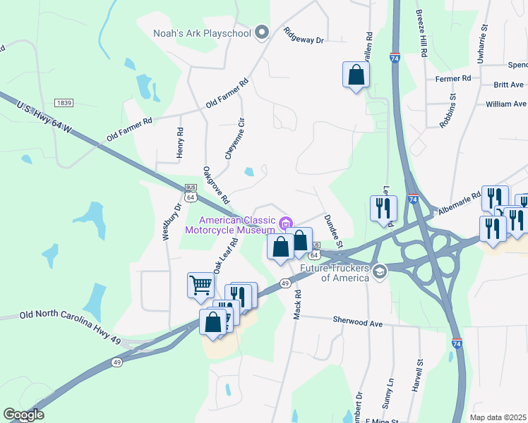 map of restaurants, bars, coffee shops, grocery stores, and more near 919 Fisher Circle in Asheboro