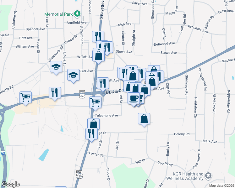 map of restaurants, bars, coffee shops, grocery stores, and more near 309 Washington Avenue in Asheboro