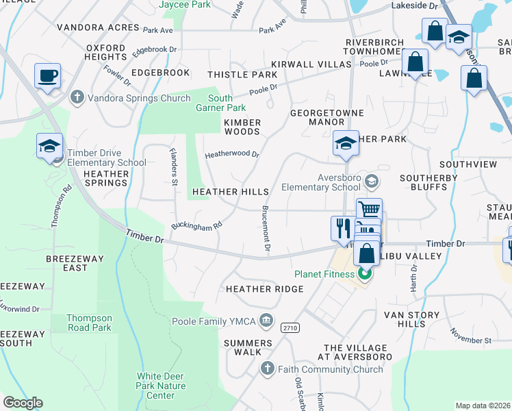 map of restaurants, bars, coffee shops, grocery stores, and more near 1136 Brucemont Drive in Garner