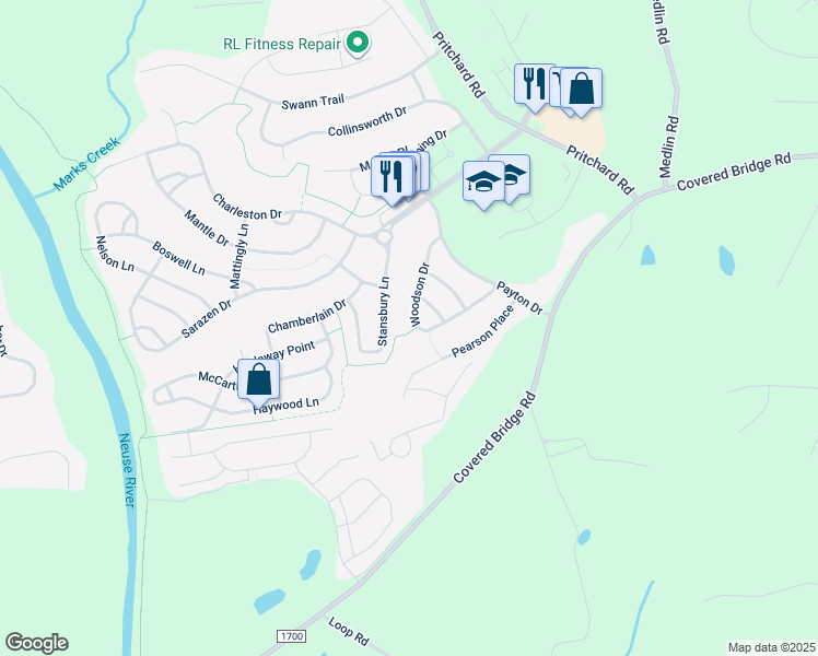 map of restaurants, bars, coffee shops, grocery stores, and more near 361 Woodson Drive in Clayton