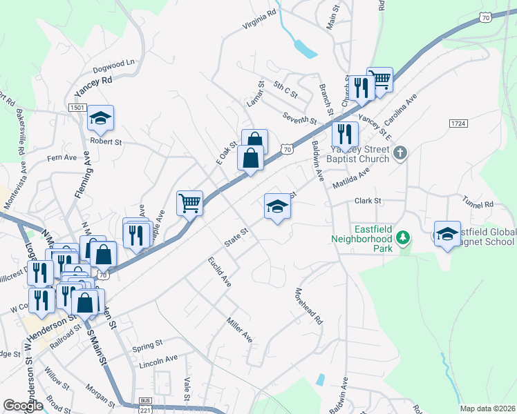 map of restaurants, bars, coffee shops, grocery stores, and more near 204 Carroll Street in Marion
