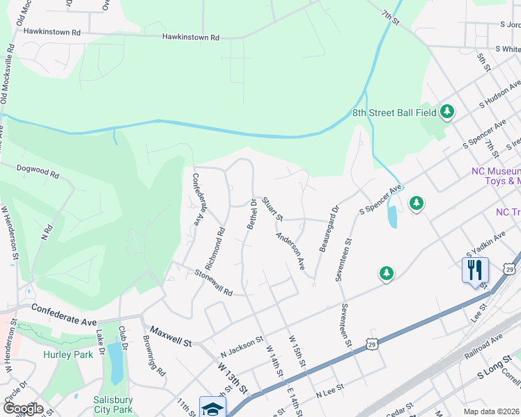 map of restaurants, bars, coffee shops, grocery stores, and more near 204 Stuart Street in Salisbury