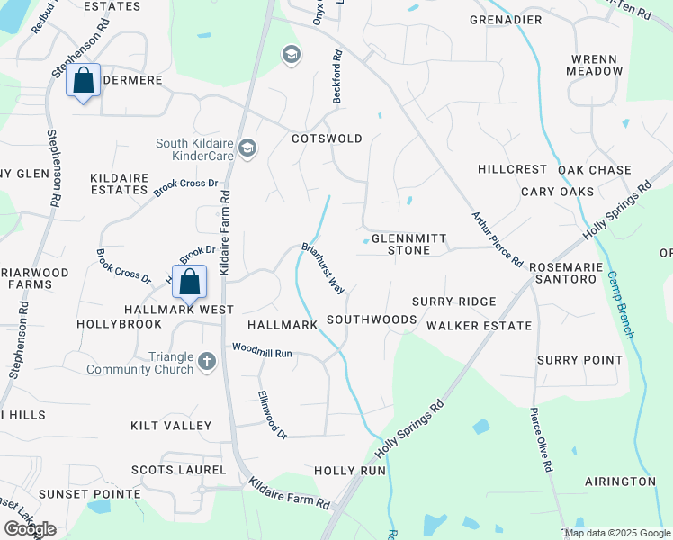 map of restaurants, bars, coffee shops, grocery stores, and more near 4105 Briarhurst Way in Apex