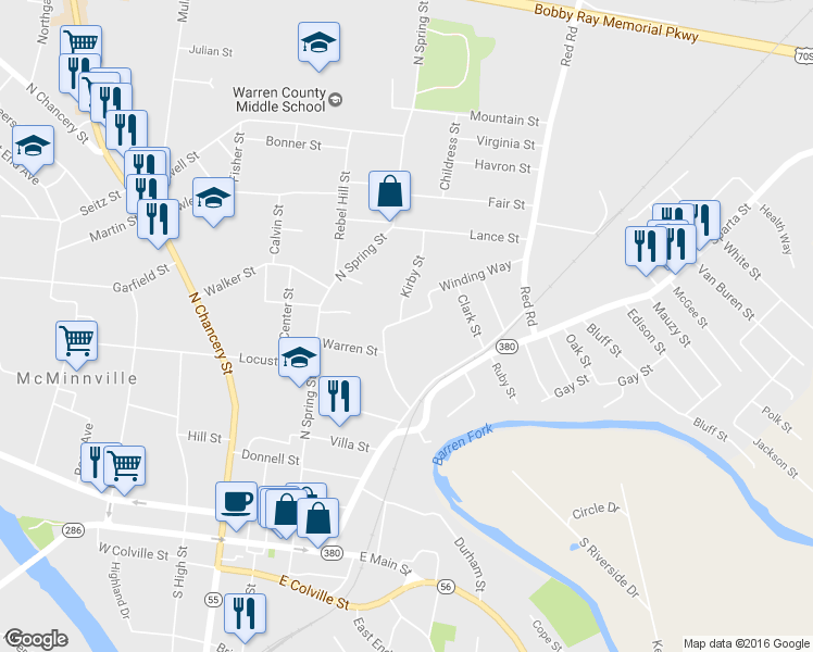 map of restaurants, bars, coffee shops, grocery stores, and more near 202 Winding Way in McMinnville