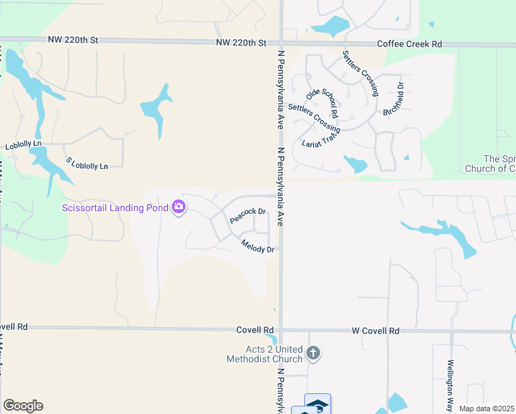 map of restaurants, bars, coffee shops, grocery stores, and more near 2163 Peacock Drive in Edmond