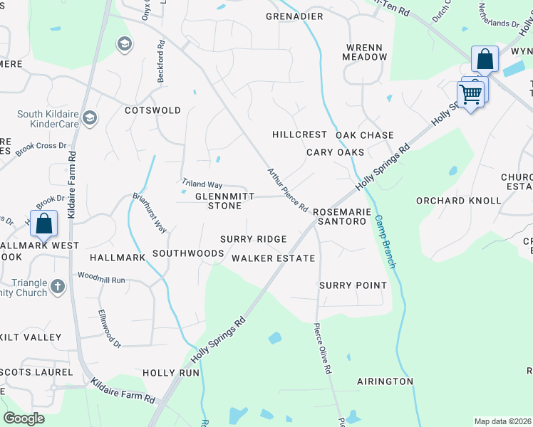 map of restaurants, bars, coffee shops, grocery stores, and more near 4111 Mittglen Lane in Cary