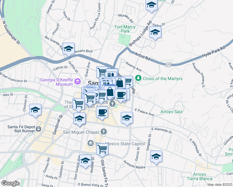 map of restaurants, bars, coffee shops, grocery stores, and more near 131 Nusbaum Street in Santa Fe