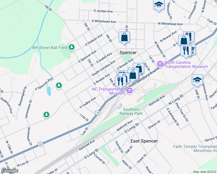 map of restaurants, bars, coffee shops, grocery stores, and more near 609 South Yadkin Avenue in Spencer