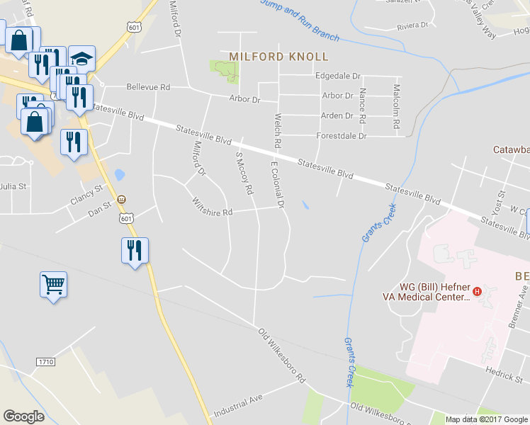 map of restaurants, bars, coffee shops, grocery stores, and more near 205 South Mccoy Road in Salisbury