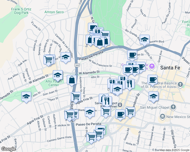 map of restaurants, bars, coffee shops, grocery stores, and more near 204 Maynard Street in Santa Fe