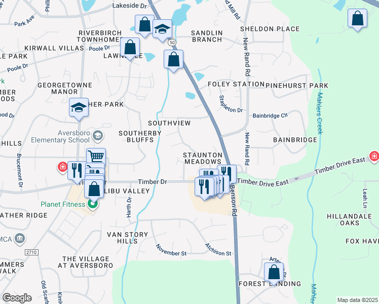 map of restaurants, bars, coffee shops, grocery stores, and more near 207 Nicholson Road in Garner