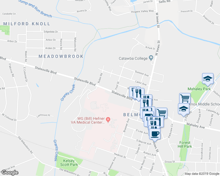 map of restaurants, bars, coffee shops, grocery stores, and more near 412 Statesville Boulevard in Salisbury