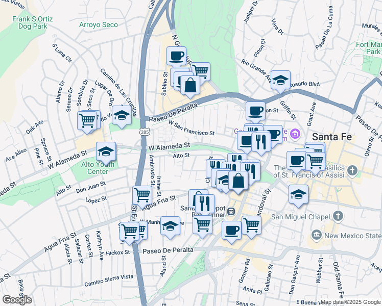 map of restaurants, bars, coffee shops, grocery stores, and more near 637 Alto Street in Santa Fe
