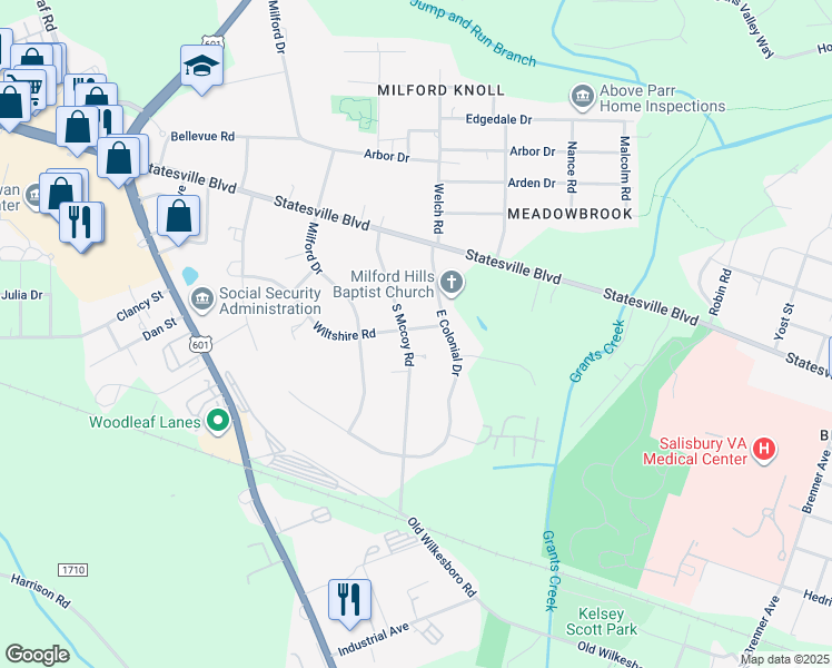 map of restaurants, bars, coffee shops, grocery stores, and more near 205 South Mccoy Road in Salisbury