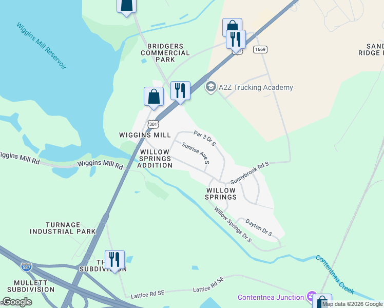 map of restaurants, bars, coffee shops, grocery stores, and more near 1111 Sunnybrook Rd S in Wilson
