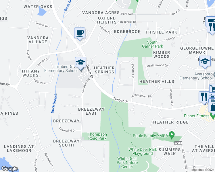 map of restaurants, bars, coffee shops, grocery stores, and more near 427 Brims Way in Garner