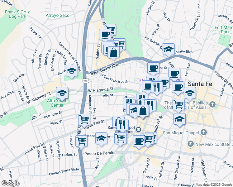 map of restaurants, bars, coffee shops, grocery stores, and more near 635 Alto Street in Santa Fe
