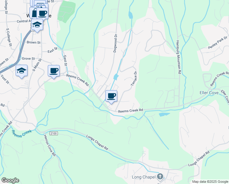 map of restaurants, bars, coffee shops, grocery stores, and more near 22 Terrace Drive in Weaverville