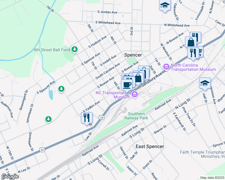 map of restaurants, bars, coffee shops, grocery stores, and more near 609 South Yadkin Avenue in Spencer
