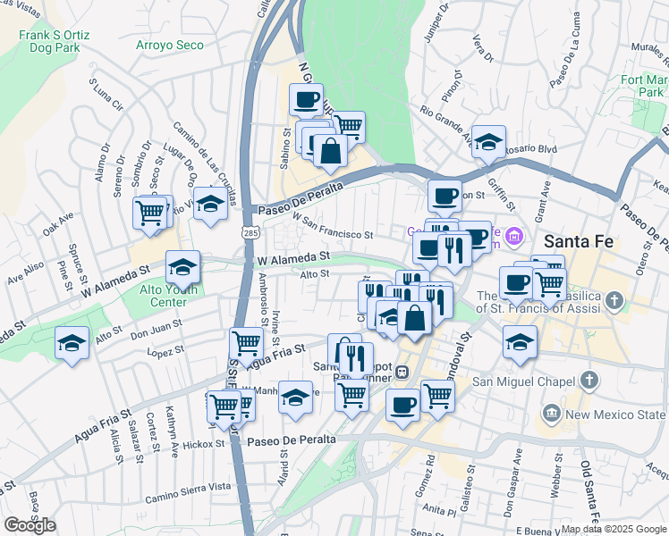 map of restaurants, bars, coffee shops, grocery stores, and more near 624 Alto Street in Santa Fe