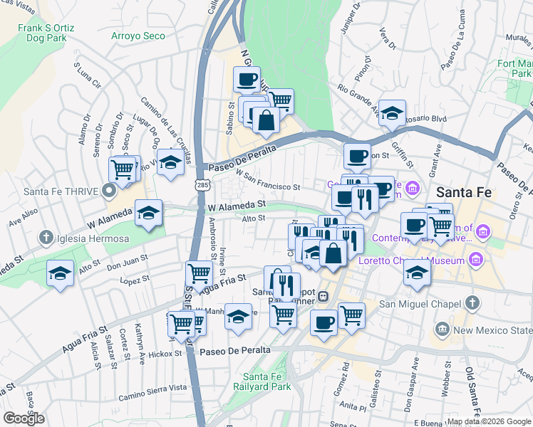 map of restaurants, bars, coffee shops, grocery stores, and more near 624 Alto Street in Santa Fe