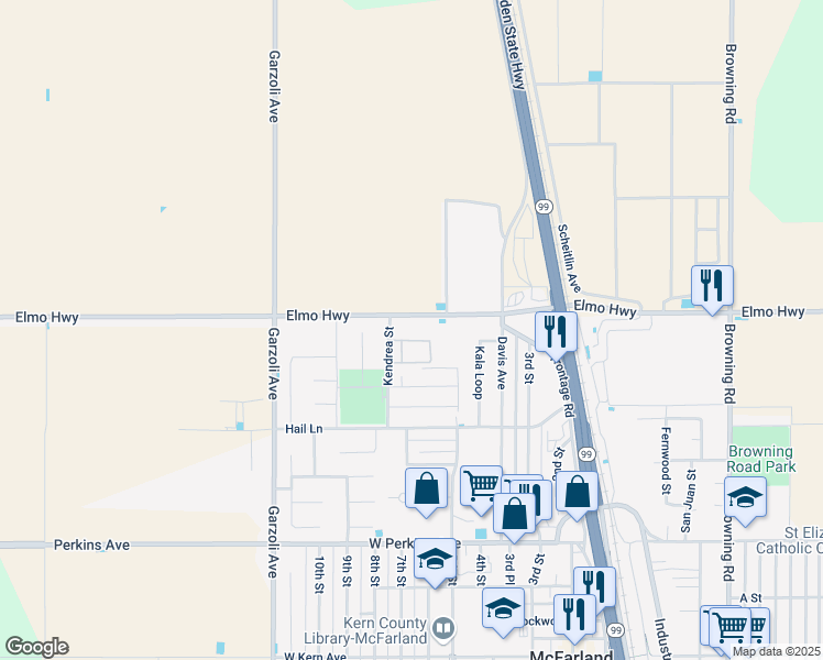 map of restaurants, bars, coffee shops, grocery stores, and more near 650 Hail Lane in McFarland