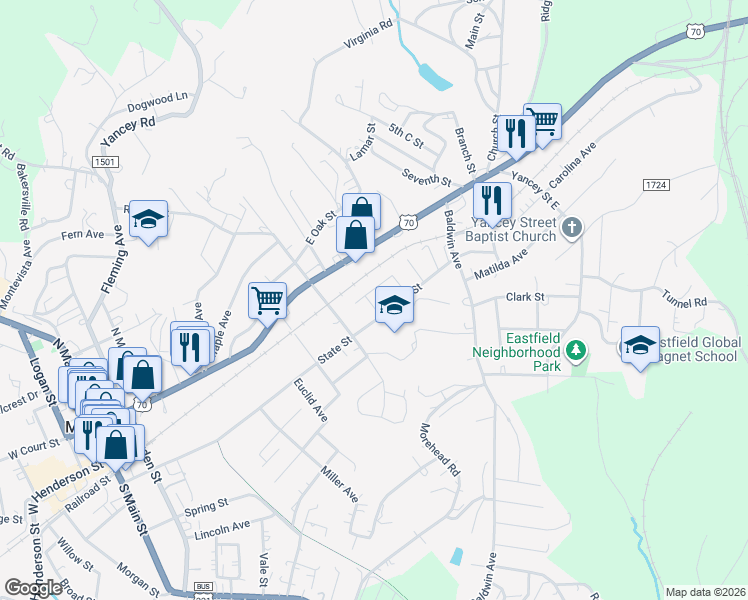 map of restaurants, bars, coffee shops, grocery stores, and more near 204 Carroll Street in Marion