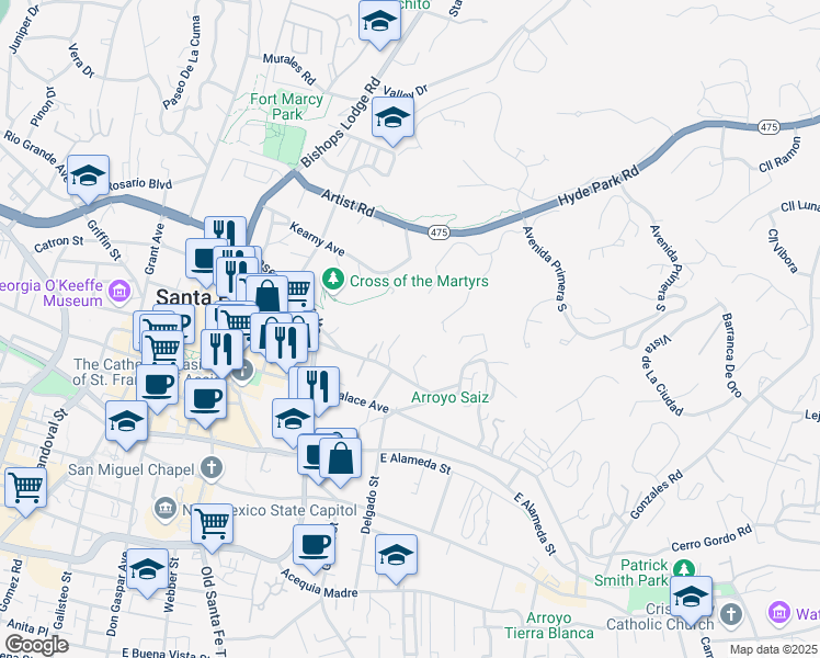 map of restaurants, bars, coffee shops, grocery stores, and more near 375 Hillside Avenue in Santa Fe