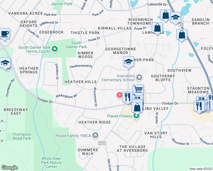 map of restaurants, bars, coffee shops, grocery stores, and more near 102 North Shetland Court in Garner