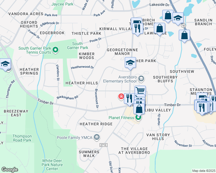 map of restaurants, bars, coffee shops, grocery stores, and more near 102 North Shetland Court in Garner