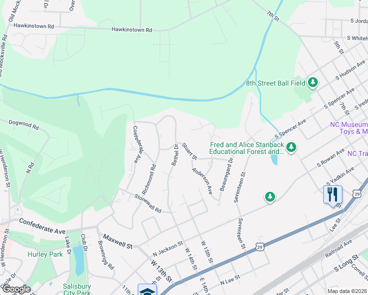 map of restaurants, bars, coffee shops, grocery stores, and more near 204 Stuart Street in Salisbury