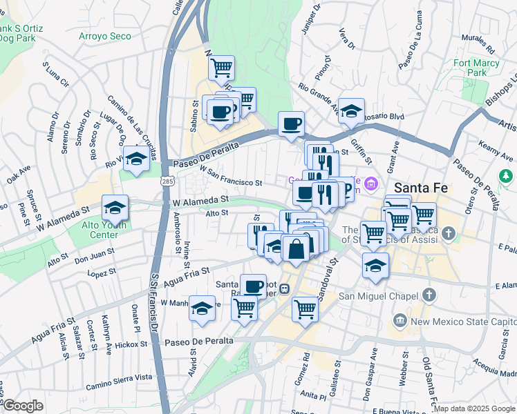 map of restaurants, bars, coffee shops, grocery stores, and more near 798 Alto Street in Santa Fe