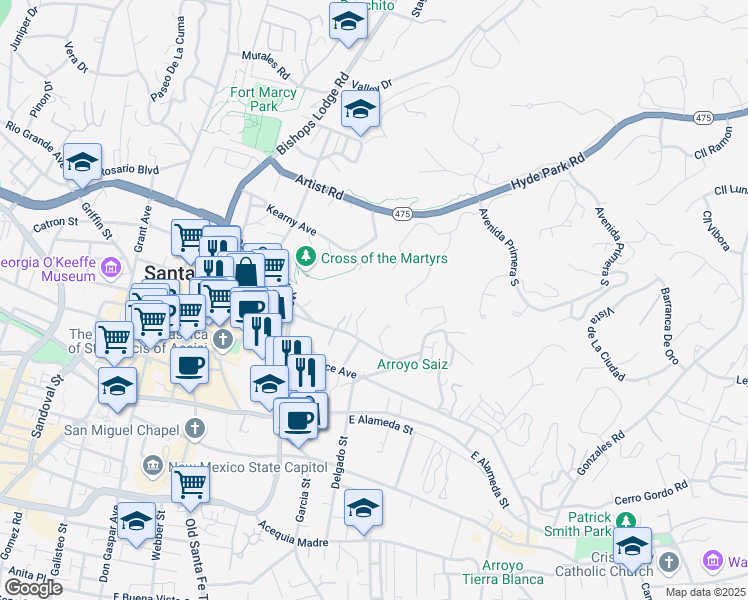 map of restaurants, bars, coffee shops, grocery stores, and more near 375 Hillside Avenue in Santa Fe