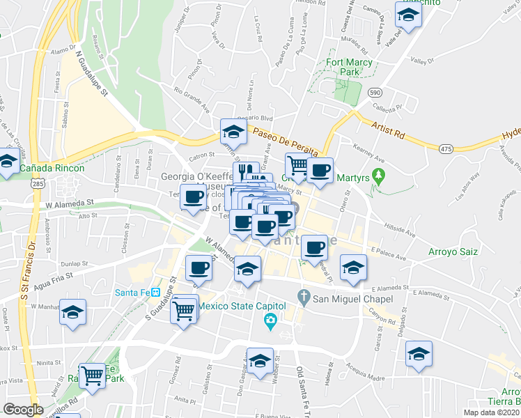 map of restaurants, bars, coffee shops, grocery stores, and more near 135 West Palace Avenue in Santa Fe