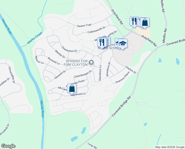 map of restaurants, bars, coffee shops, grocery stores, and more near 281 Stansbury Lane in Clayton