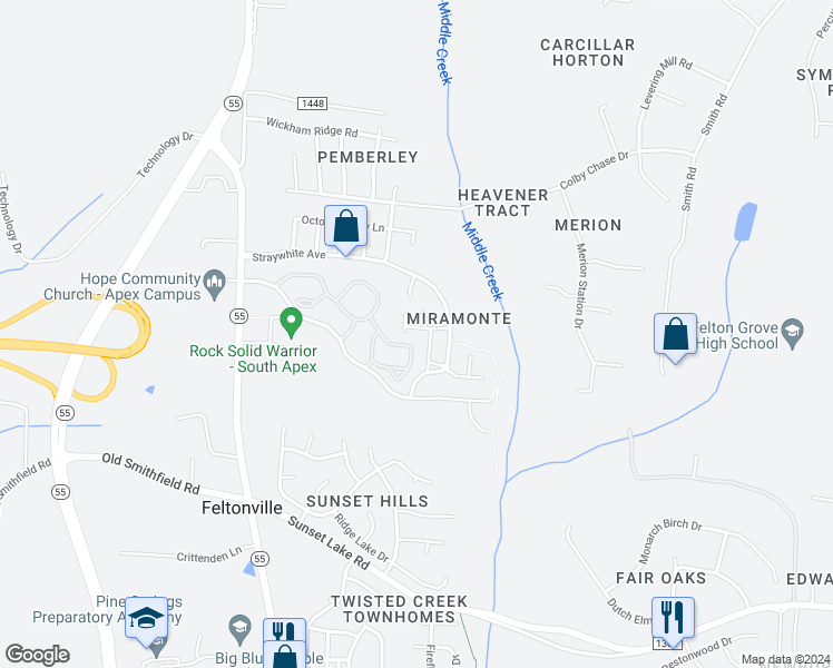 map of restaurants, bars, coffee shops, grocery stores, and more near 211 Storemont Way in Apex