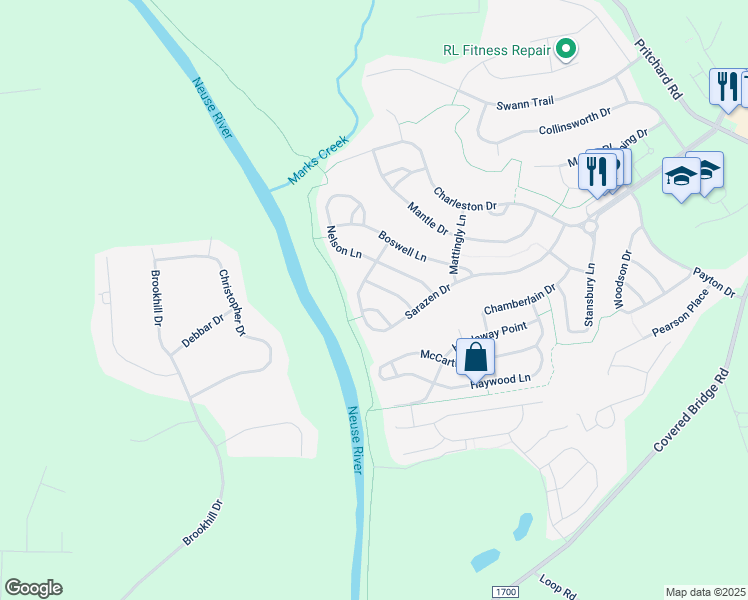 map of restaurants, bars, coffee shops, grocery stores, and more near 117 Wright Lane in Clayton
